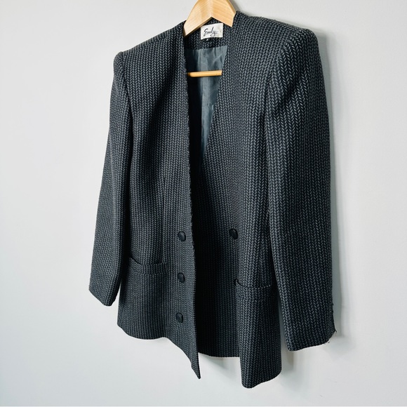 Beautiful Structured Vintage Herringbone Tweed Double Breasted Blazer Size 6 - Picture 3 of 6
